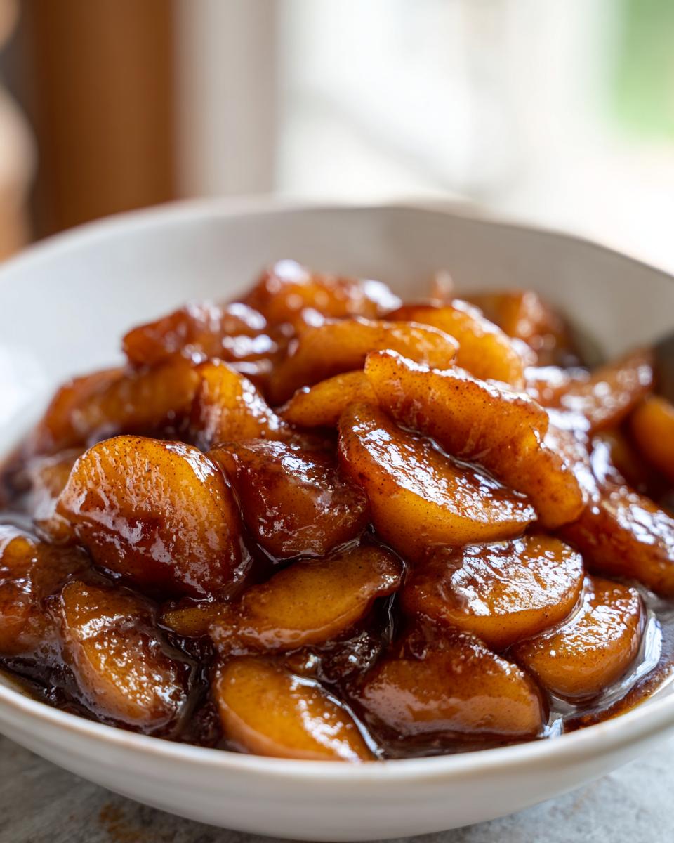 Close-up of thick, glossy, caramelized apple pie filling slices seasoned with cinnamon in a white bowl.