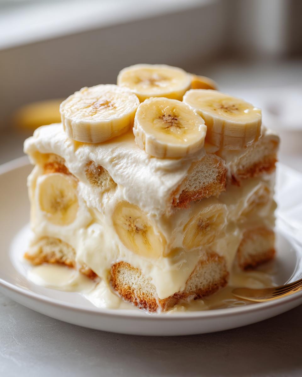 A decadent slice of homemade banana pudding layered with vanilla wafers, creamy custard, and topped with fresh banana slices.