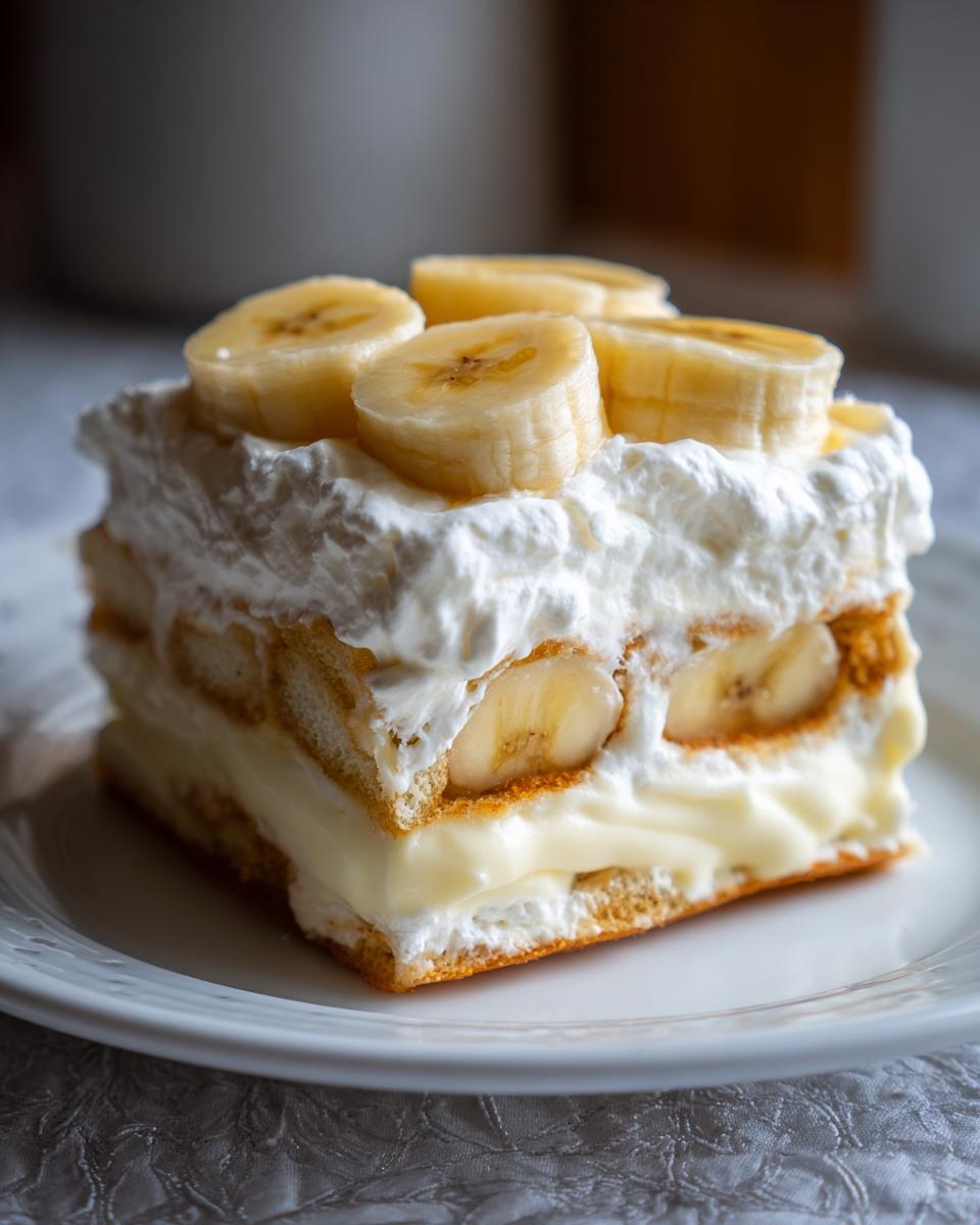 A square slice of layered banana pudding featuring vanilla wafers, creamy custard, whipped cream, and fresh banana slices.