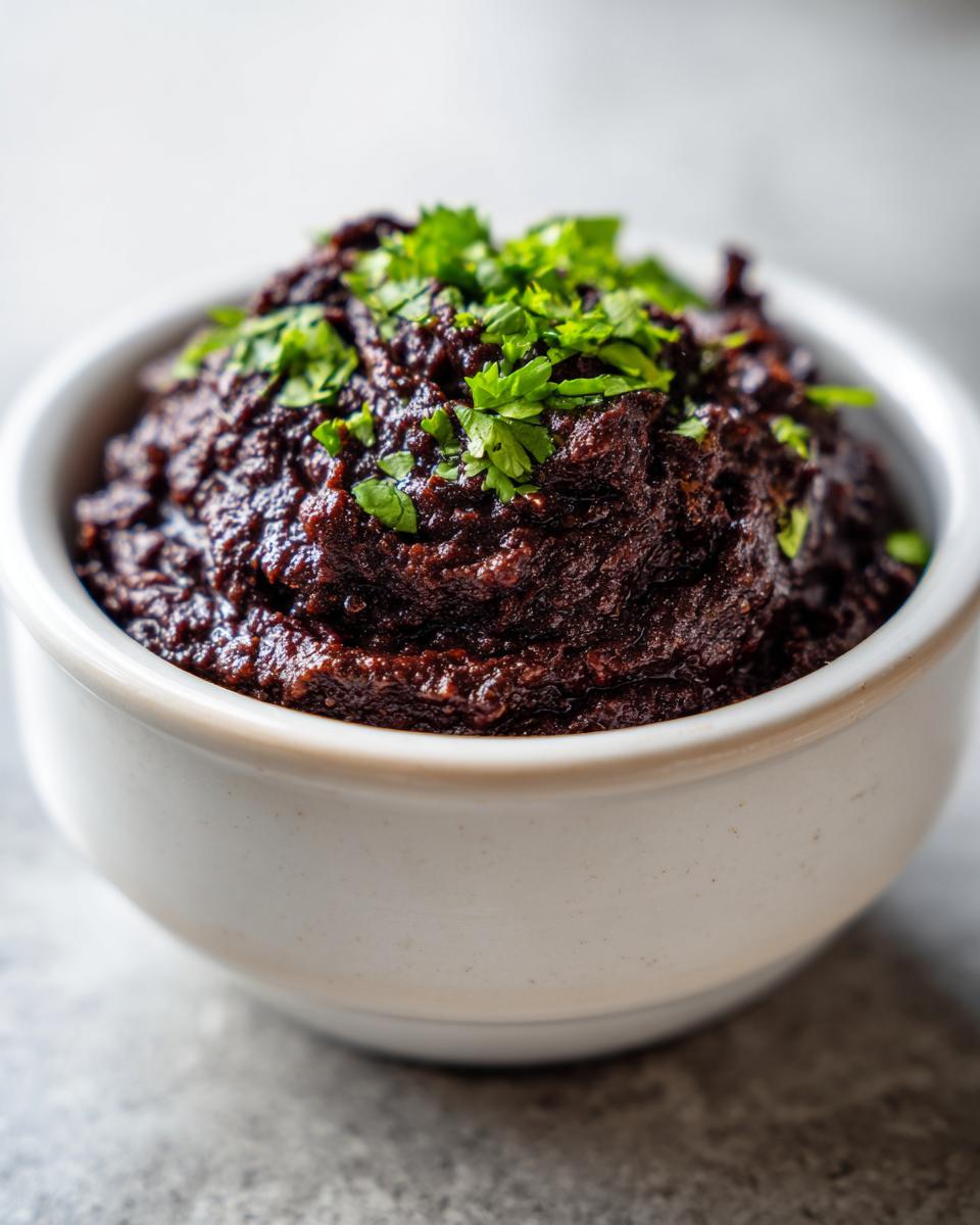 Close-up of rich, dark black bean dip served in a small white bowl and garnished with fresh cilantro.
