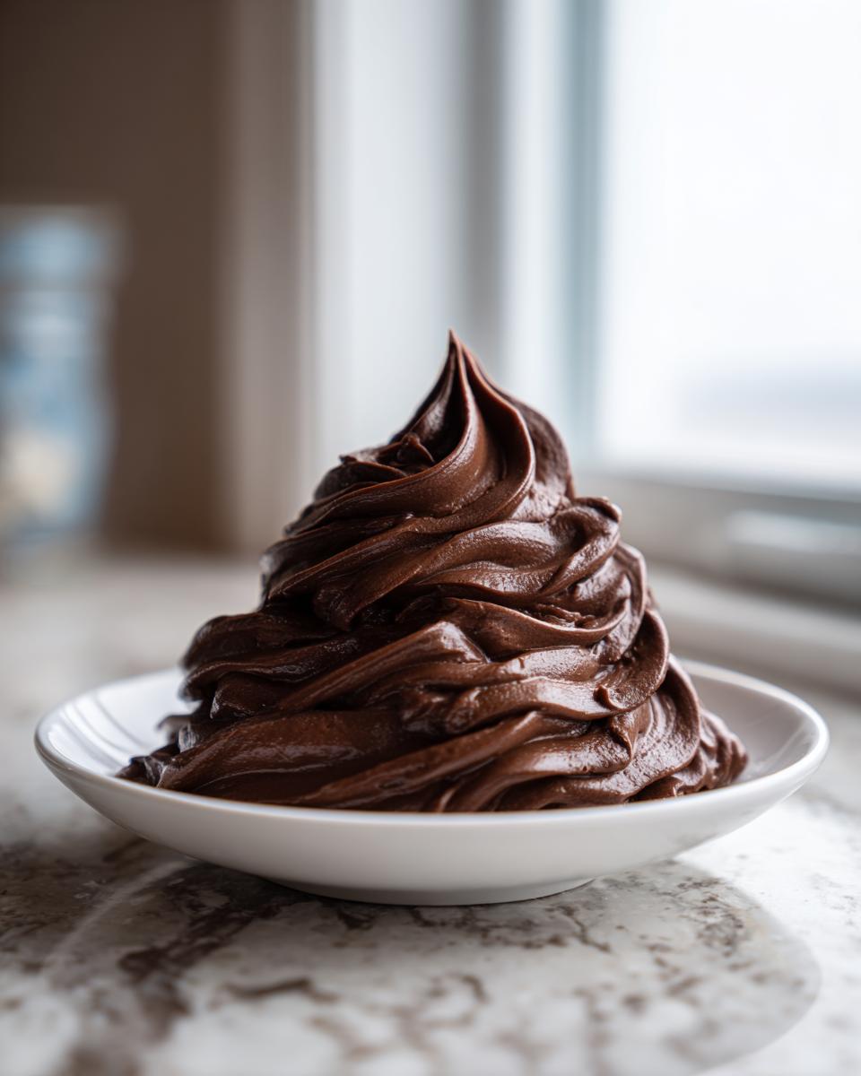 A tall, perfectly piped swirl of rich, dark chocolate frosting in a small white bowl.