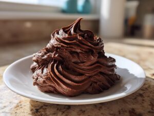 A decadent swirl of rich, dark chocolate frosting piped high on a small white plate.