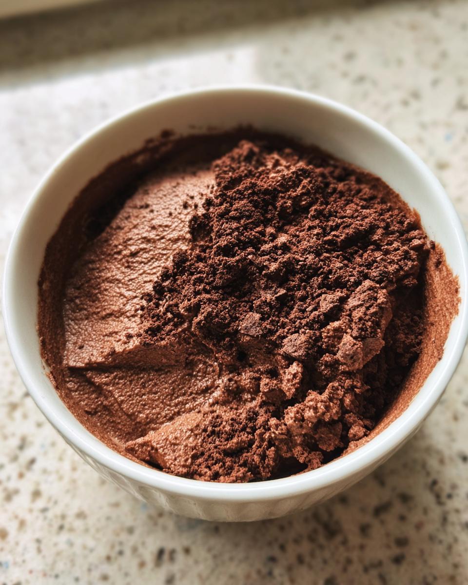 Close-up of rich chocolate pudding in a white bowl, partially covered with dark cocoa powder.