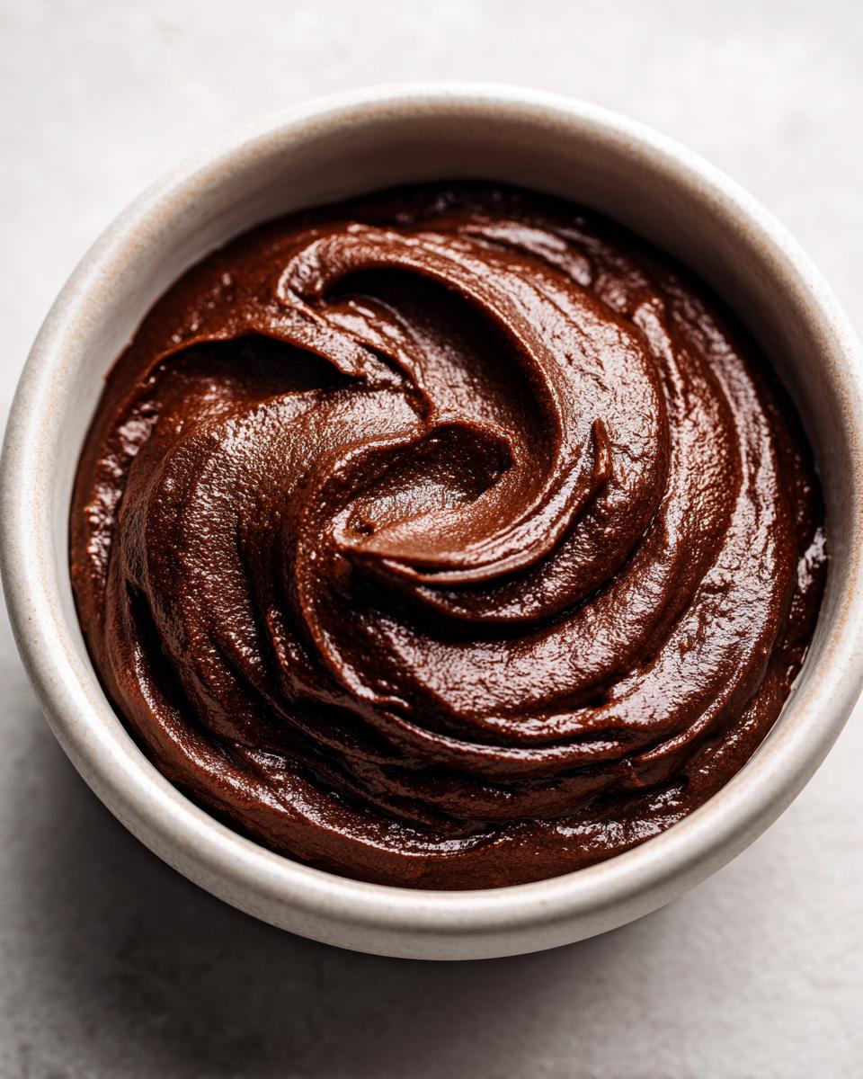 Close-up of thick, dark chocolate pudding with a beautiful swirl texture in a rustic white bowl.