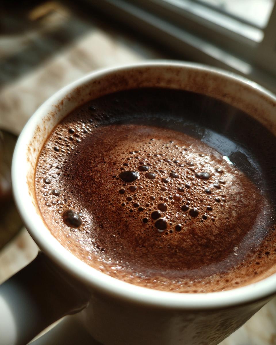Close-up overhead view of rich, dark hot chocolate with a layer of small bubbles and foam in a white mug.