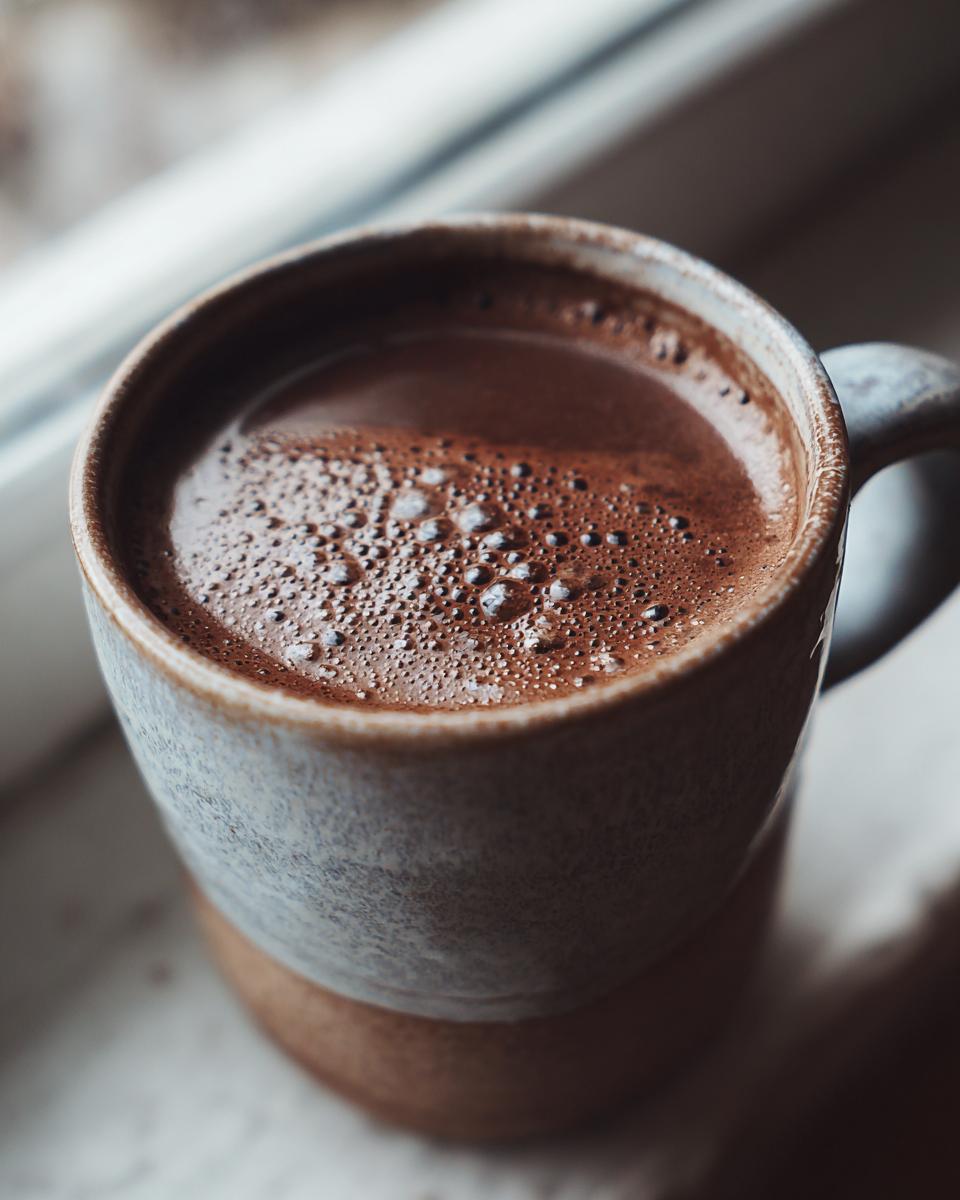 Close-up of rich, frothy hot chocolate in a rustic ceramic mug sitting near a window.