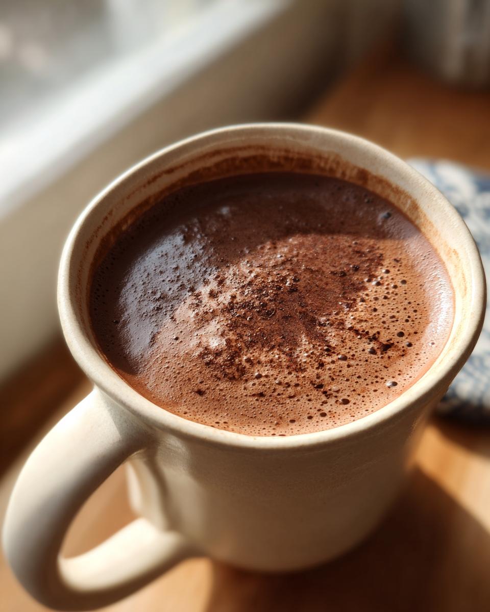Close-up of a creamy, foamy mug of hot chocolate sitting near a window in bright sunlight.