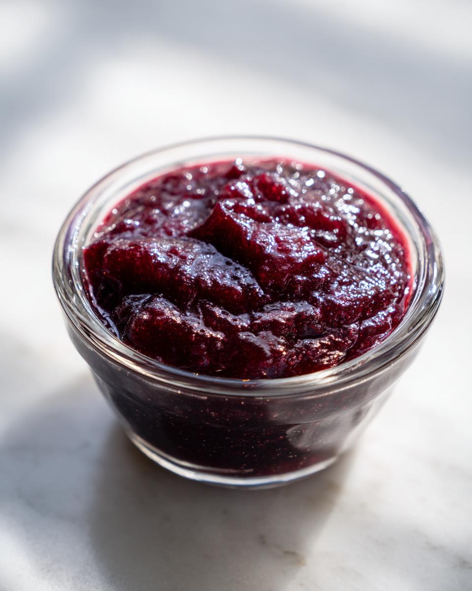 Close-up of thick, deep purple plum jam texture in a small clear glass bowl on a white marble surface.