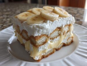 Close-up of a layered slice of rich banana pudding with vanilla wafers, custard, and whipped cream topping.