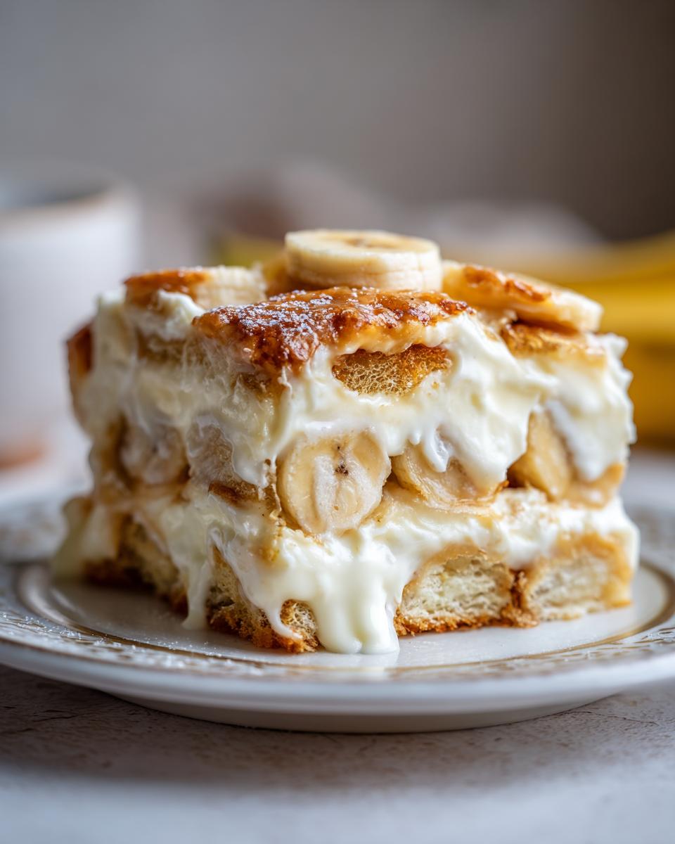 A decadent, layered slice of banana pudding featuring vanilla wafers, creamy custard, and fresh banana slices.