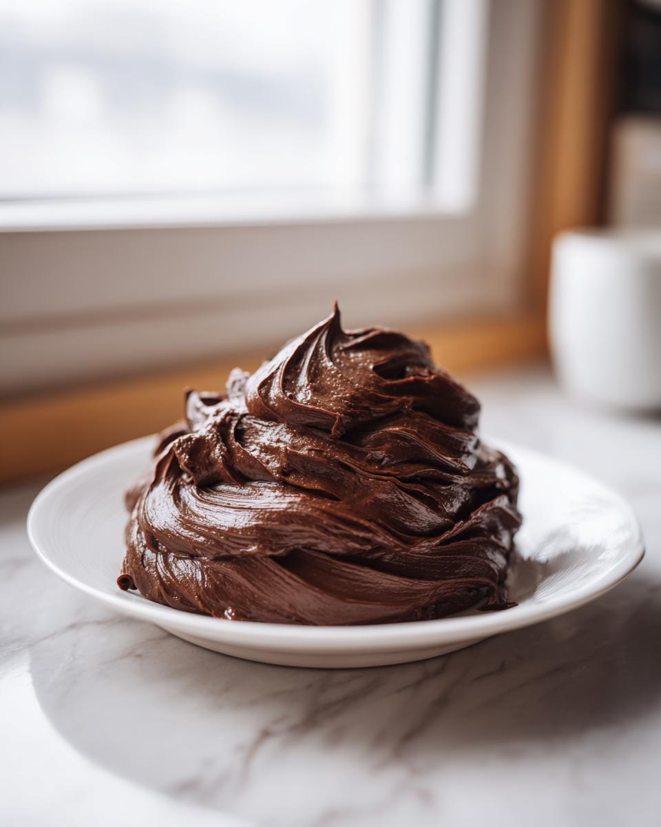 A generous swirl of rich, dark chocolate frosting piled high on a small white plate.