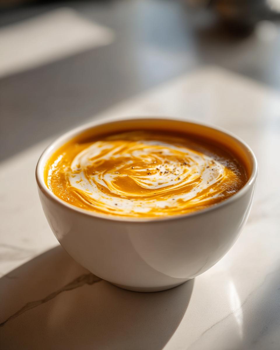 Close-up of vibrant orange roasted butternut squash soup topped with a swirl of cream and cracked pepper.