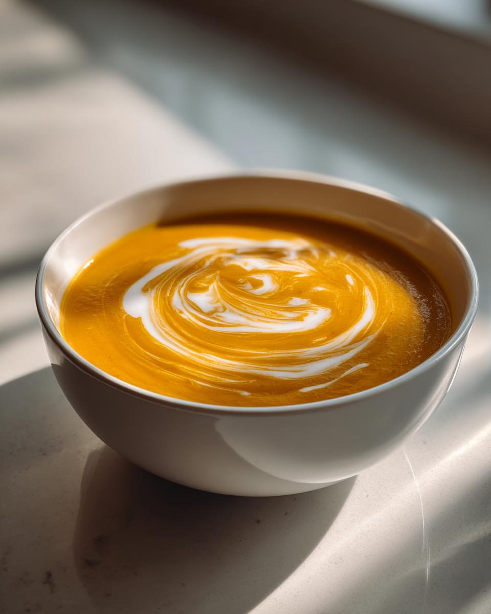 Close-up of vibrant orange roasted butternut squash soup topped with a swirl of cream.