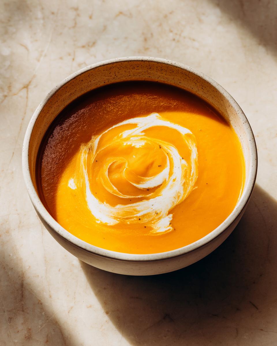 A vibrant orange bowl of roasted butternut squash soup, topped with a swirl of cream.
