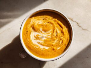 Overhead view of vibrant orange roasted butternut squash soup swirled with cream and pepper in a white bowl.