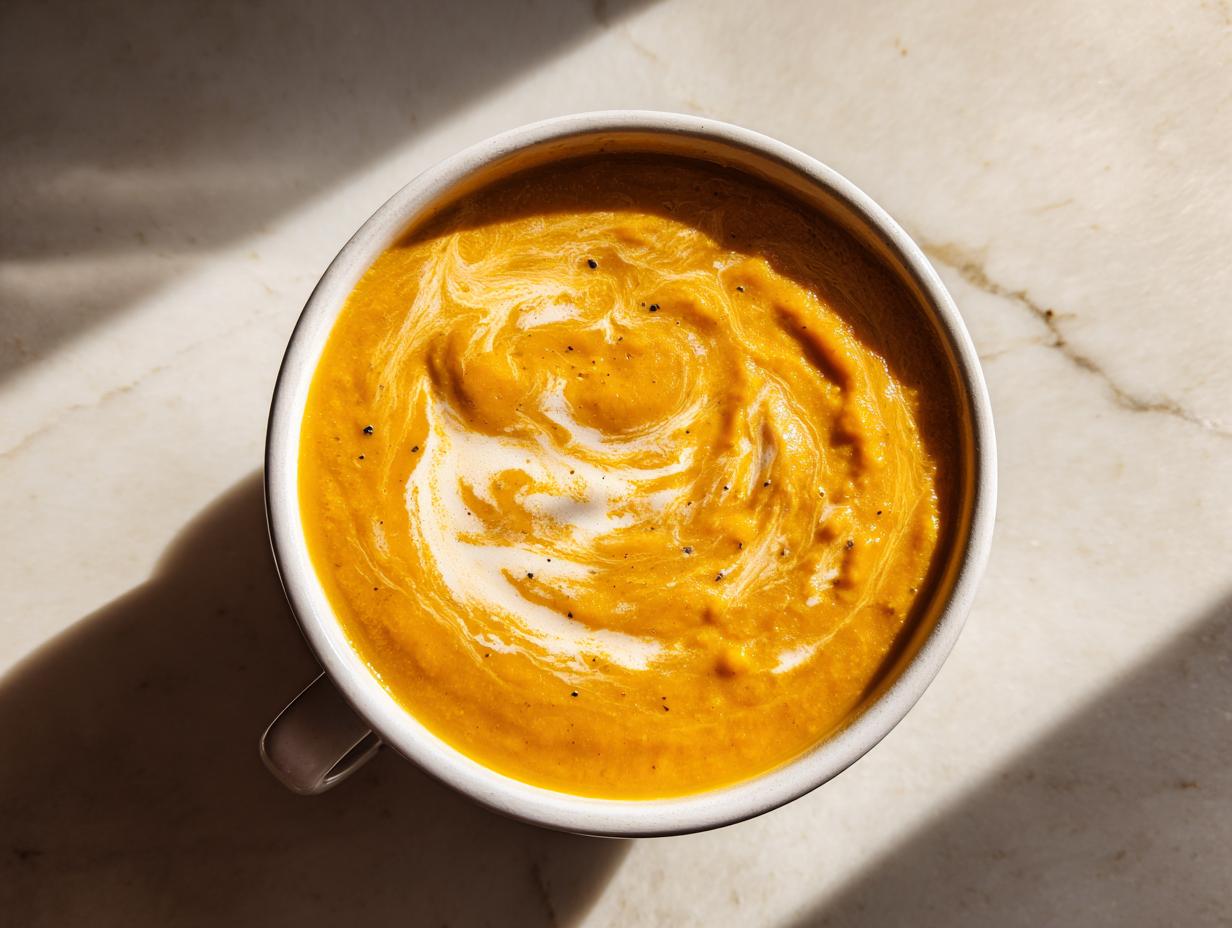 Overhead view of vibrant orange roasted butternut squash soup swirled with cream and pepper in a white bowl.