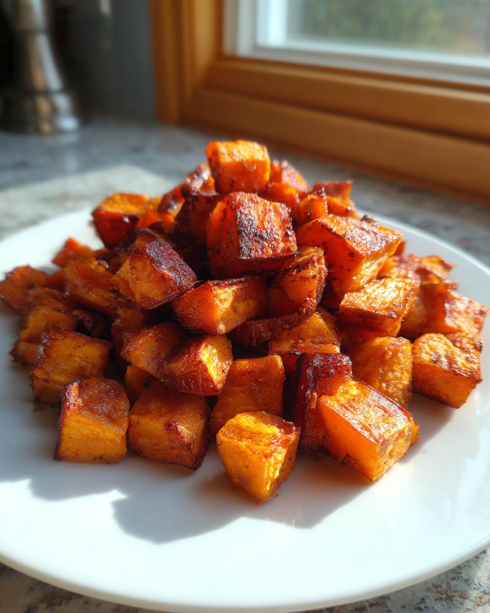 A pile of beautifully caramelized, roasted sweet potatoes cubes served on a white plate.