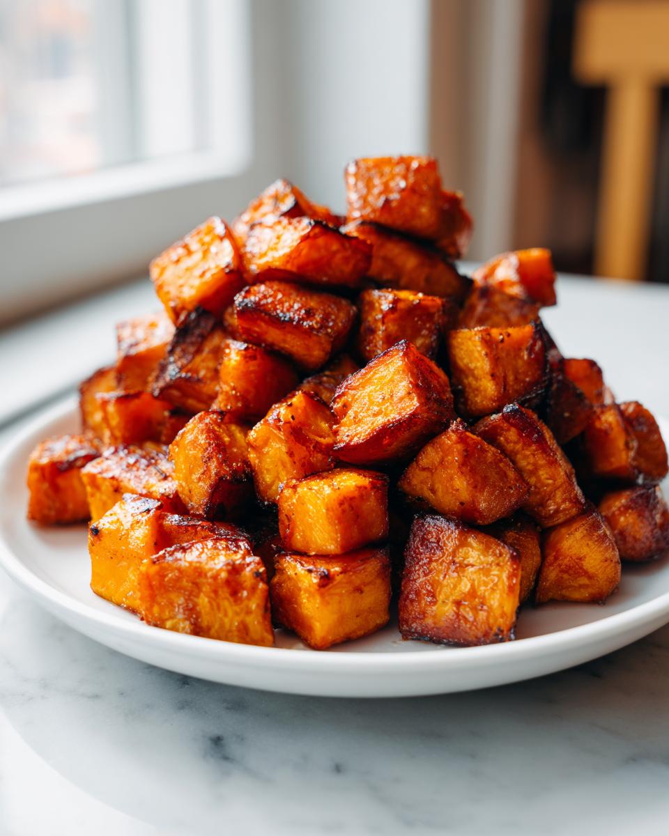 A mound of caramelized, roasted sweet potatoes cubes piled high on a white plate.