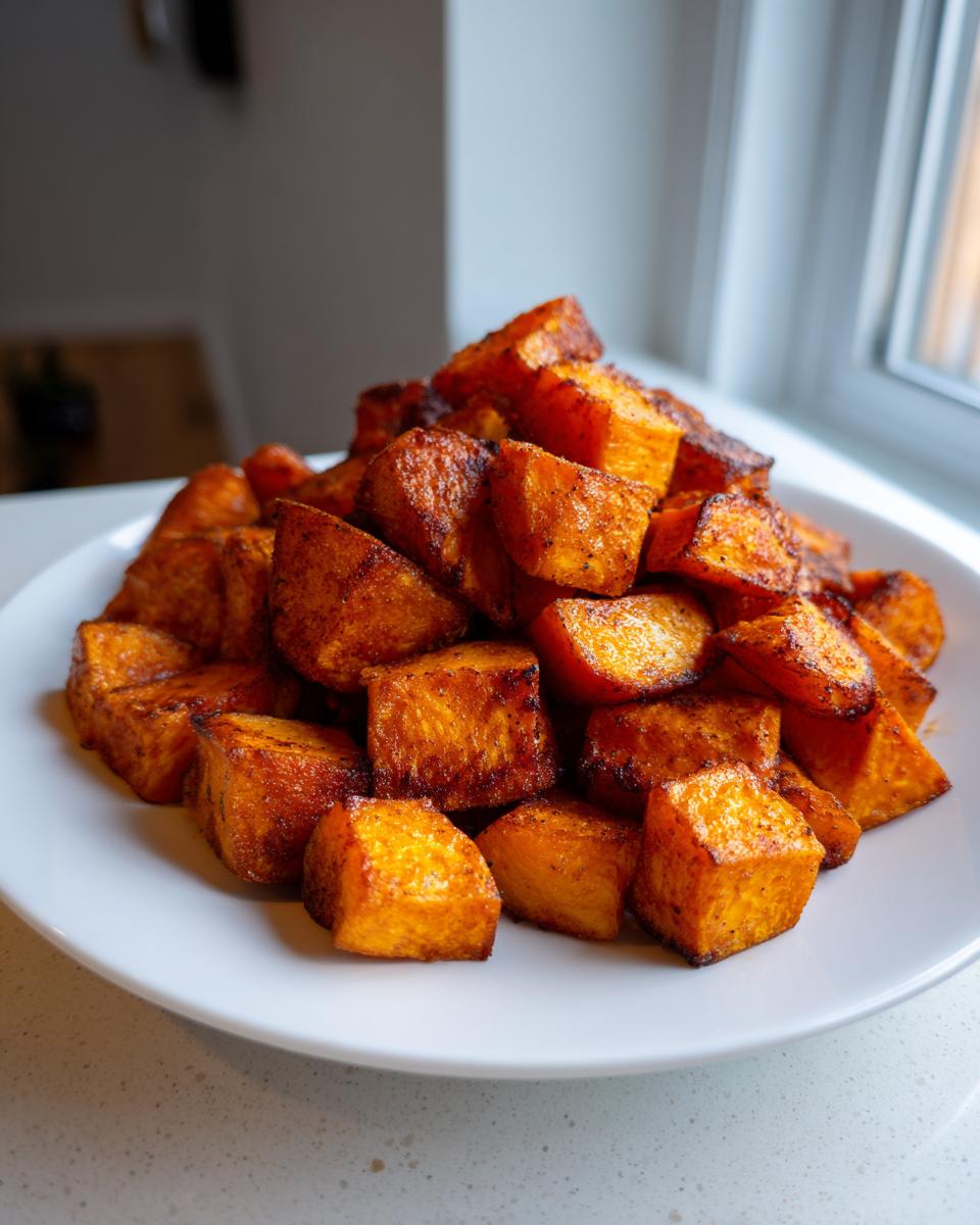 A mound of perfectly roasted, caramelized sweet potatoes cubes piled high on a white plate.