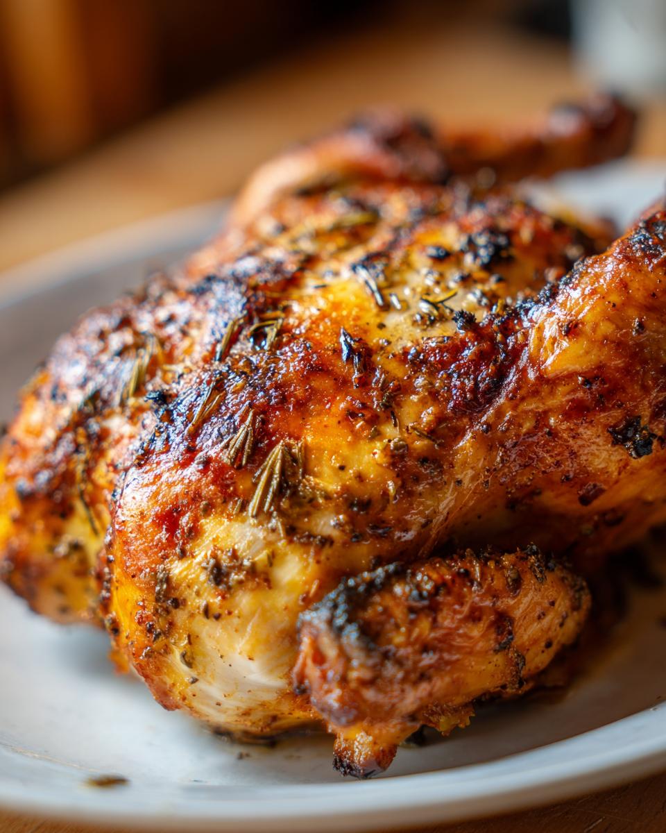 Close-up of a golden brown, roasted spatchcock chicken seasoned with herbs on a white plate.