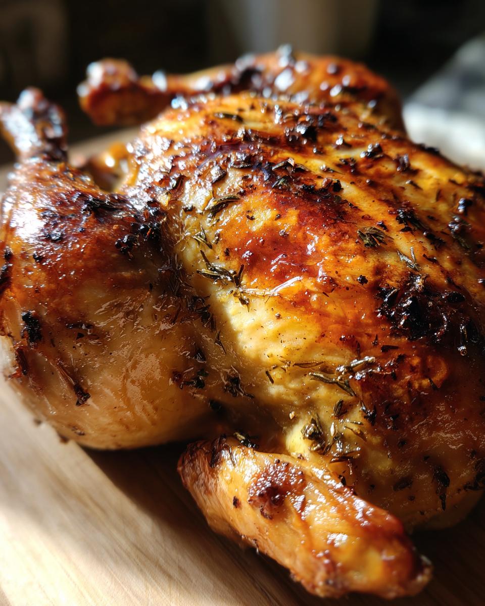 Close-up of a beautifully roasted spatchcock chicken with glossy, herb-crusted skin resting on a wooden board.