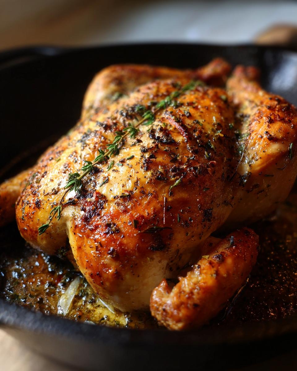 Close-up of a whole, seasoned, and perfectly roasted spatchcock chicken resting in its pan juices.