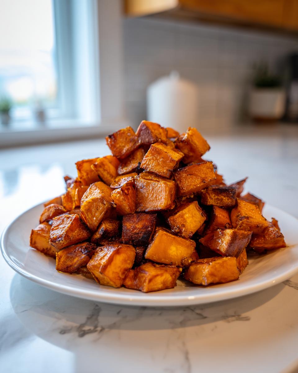 A white plate piled high with caramelized, roasted sweet potatoes cubes, ready to eat.