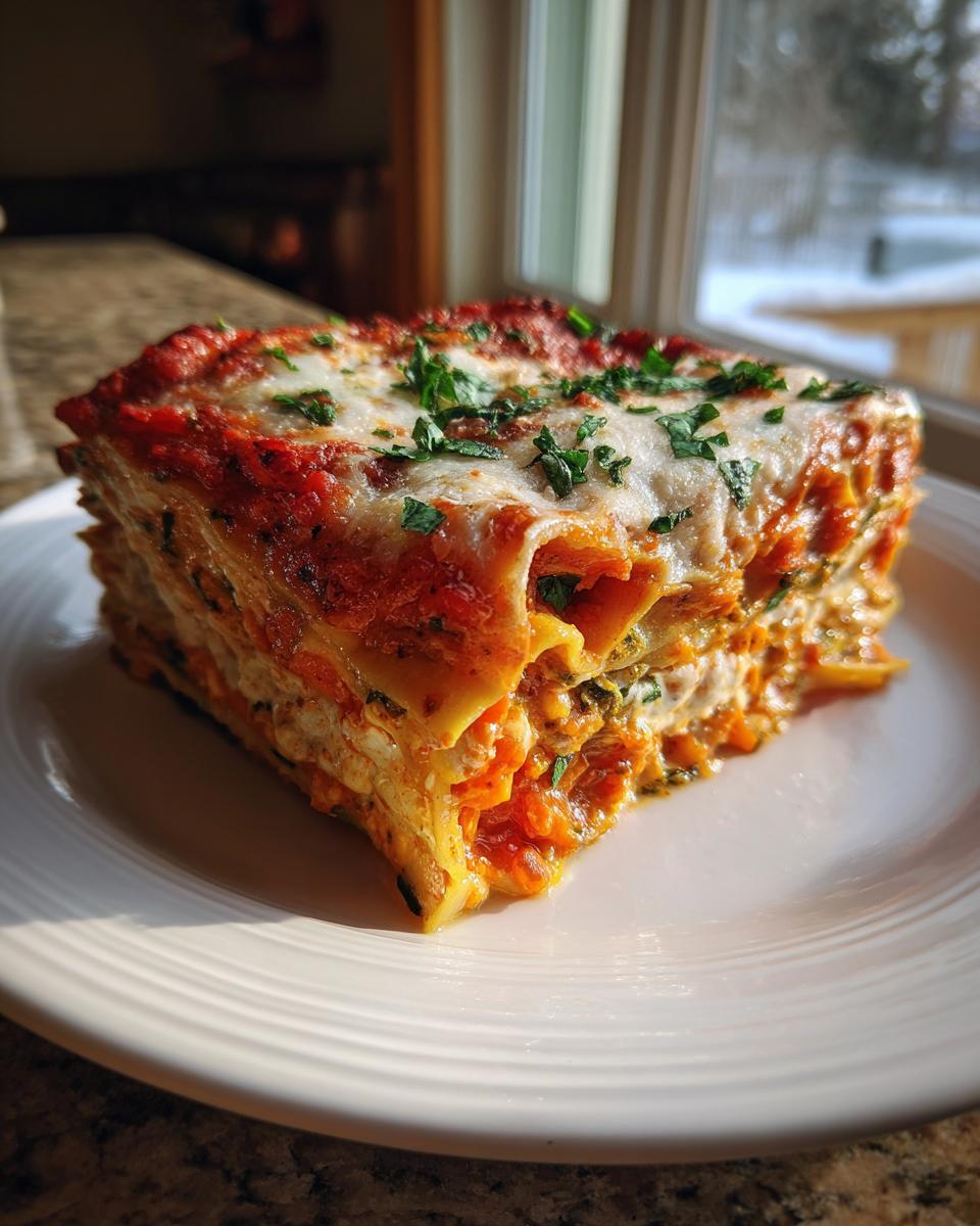 A thick, layered slice of roasted vegetable lasagna topped with melted mozzarella and fresh parsley, sitting on a white plate.