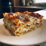 A thick, layered slice of roasted vegetable lasagna with creamy ricotta and visible orange carrots, topped with melted cheese.