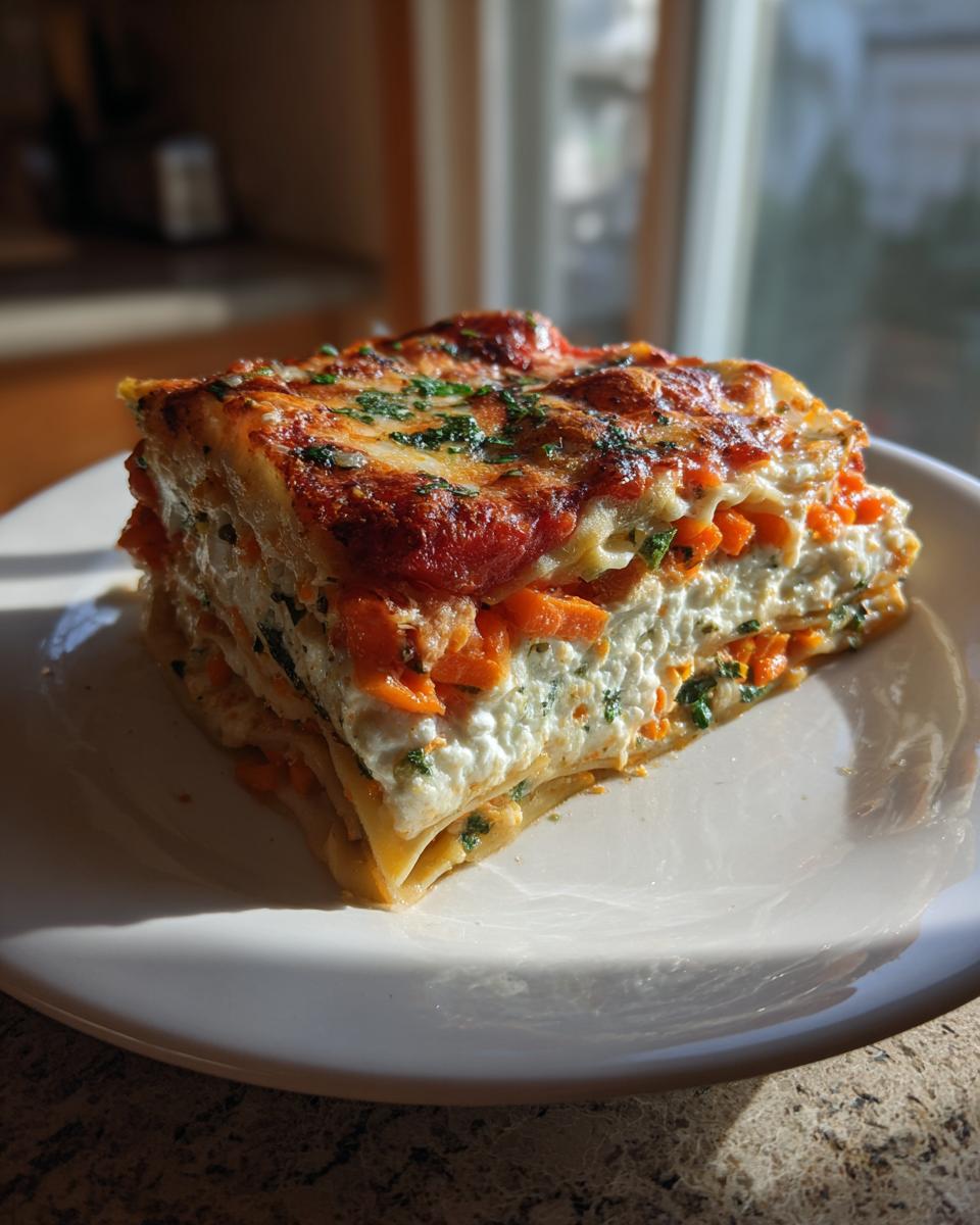 A thick, layered slice of roasted vegetable lasagna showing carrots, white ricotta, and browned cheese topping.