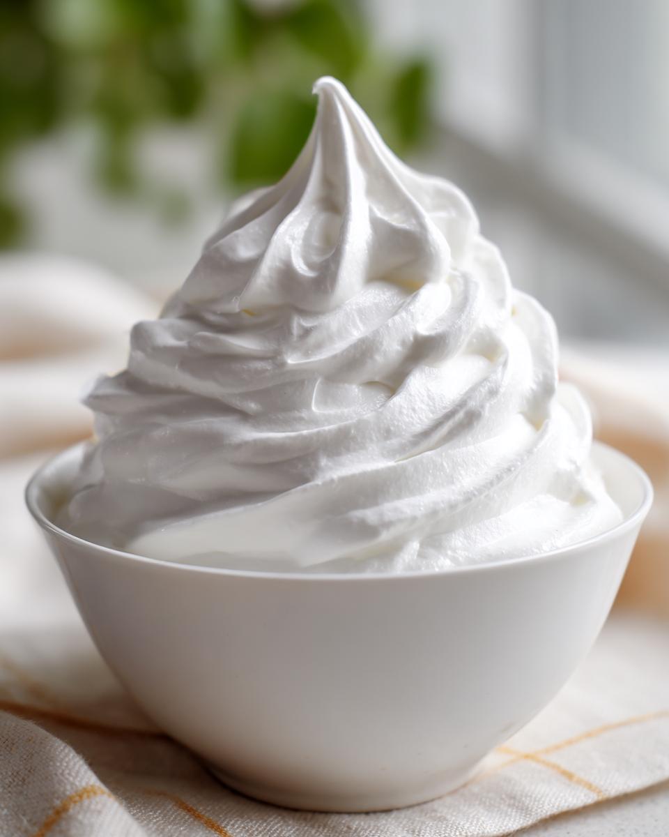 A pristine white swirl of stiff peaks, representing a perfect royal icing recipe consistency in a small white bowl.