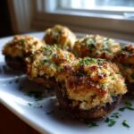 Close-up of golden brown stuffed mushrooms with a savory breadcrumb topping, garnished with fresh parsley.