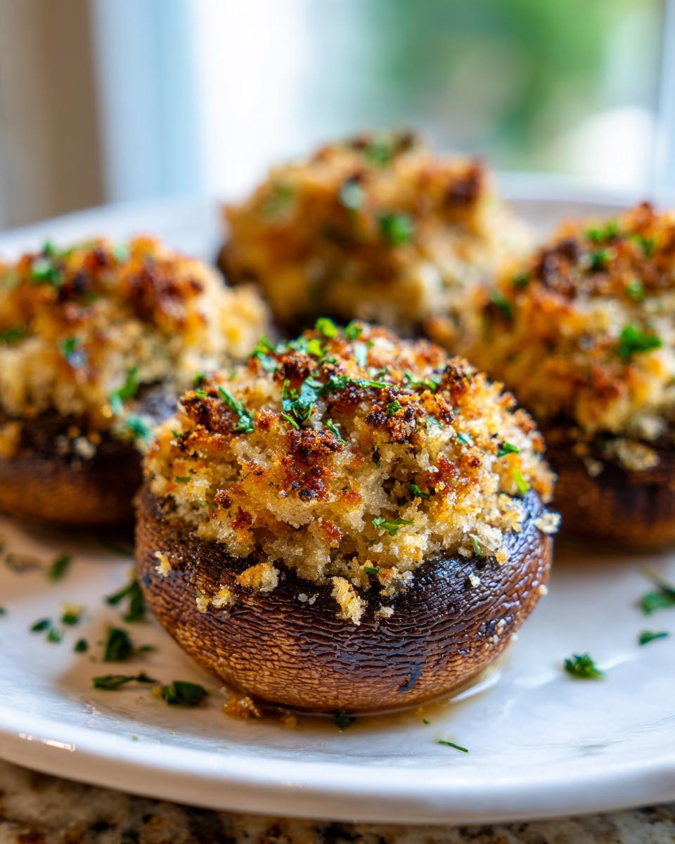 Close-up of baked stuffed mushrooms with a golden, herby breadcrumb topping served on a white plate.