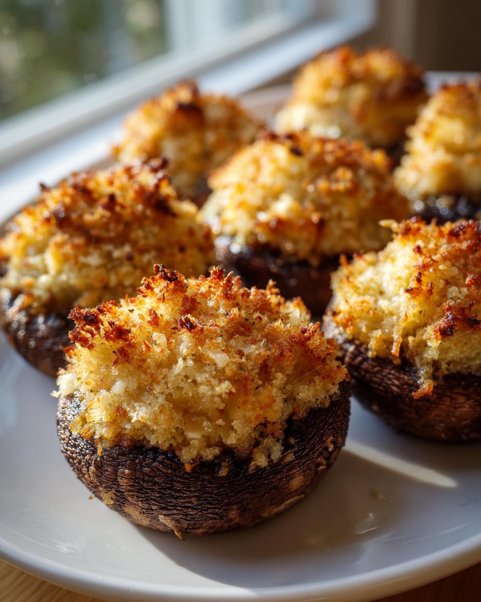 Close-up of baked stuffed mushrooms with a golden, crispy breadcrumb topping served on a white plate.