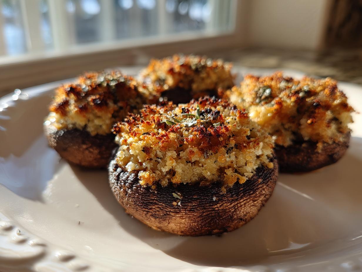 Four perfectly baked stuffed mushrooms with a golden, herbed breadcrumb topping, ready to eat.