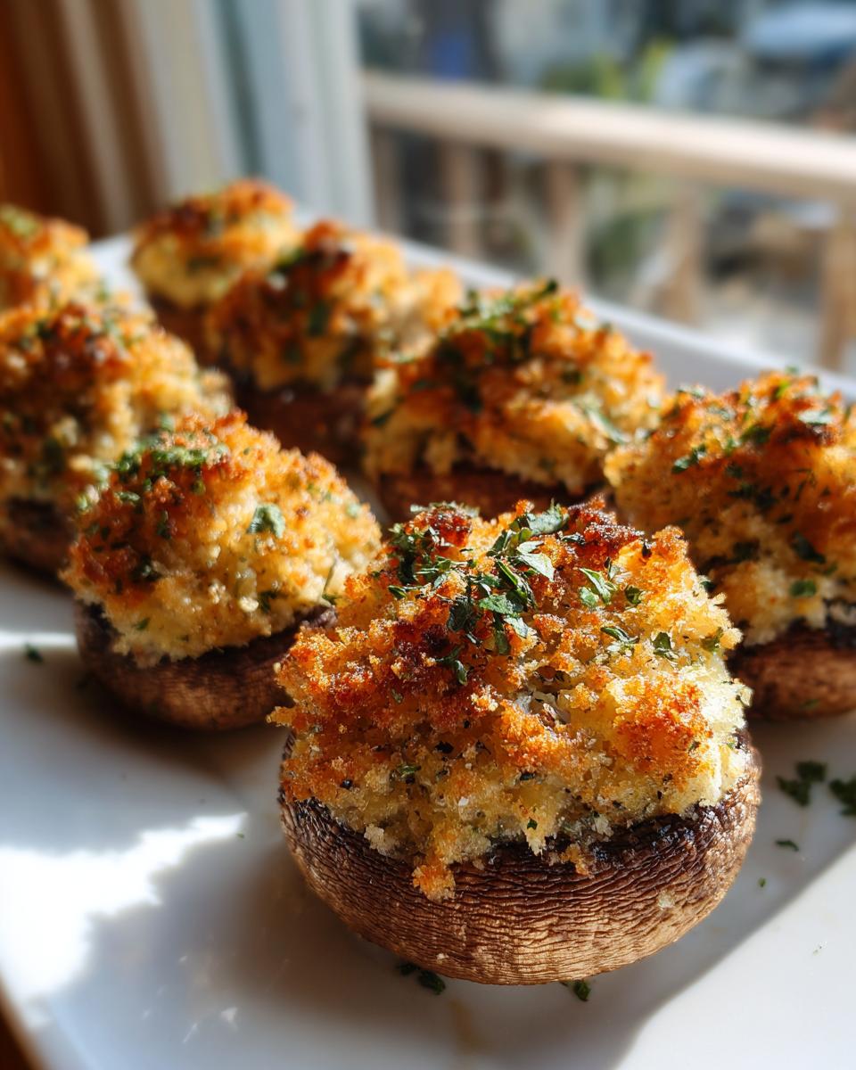 Close-up of golden brown stuffed mushrooms with a crispy breadcrumb topping and fresh parsley.