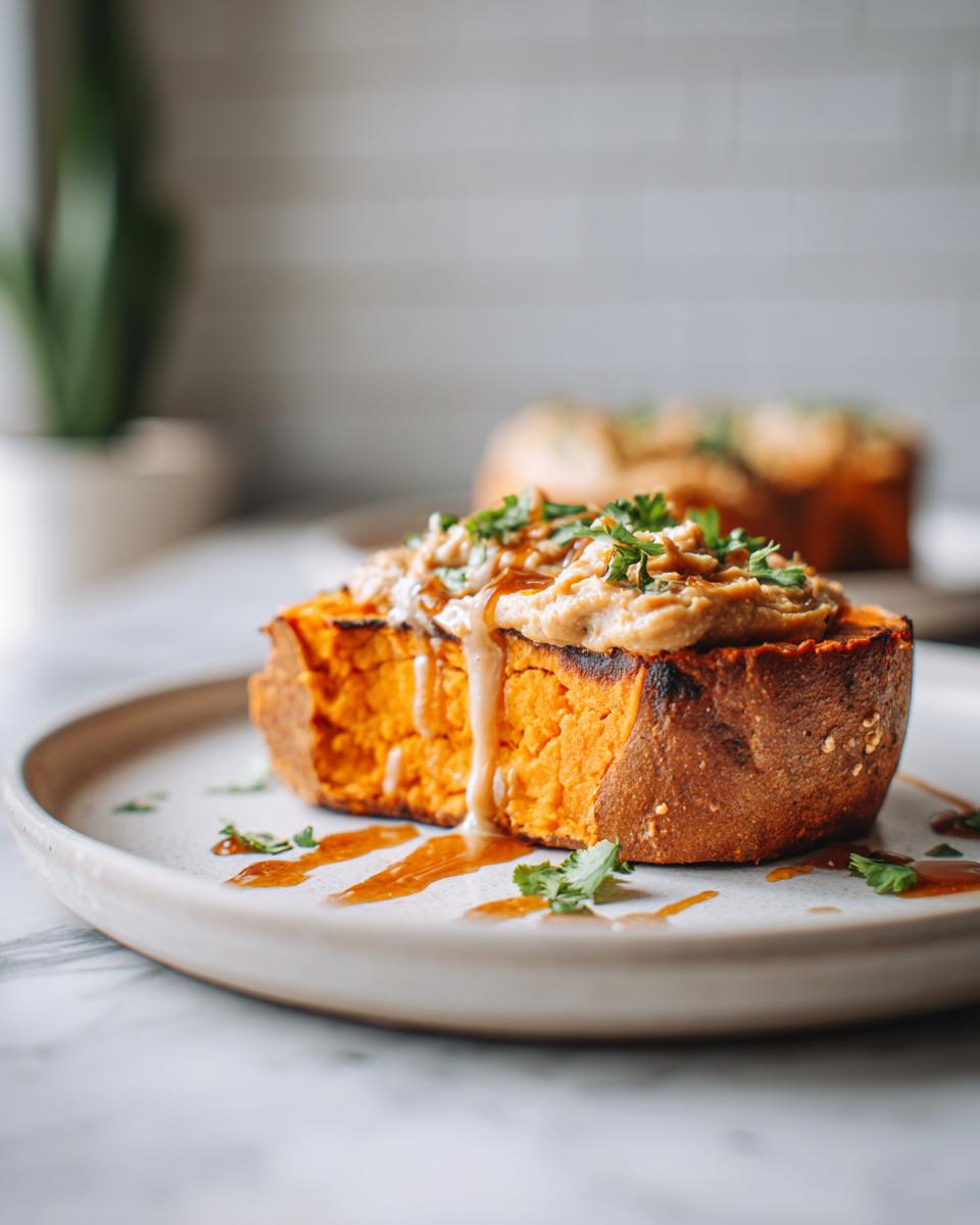 A thick slice of toasted sweet potato toast topped with a creamy spread and fresh herbs.