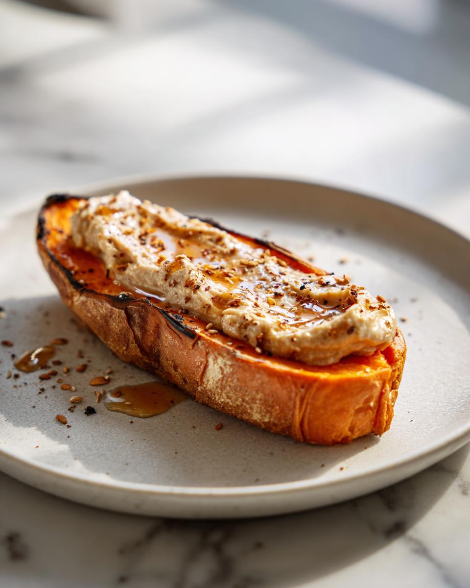 A slice of toasted sweet potato toast topped with a creamy spread, drizzle of honey, and seeds.