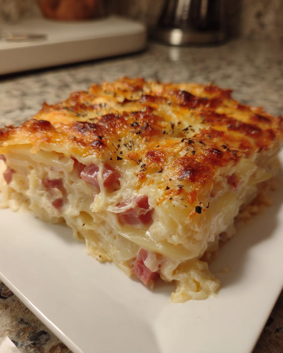 A thick, square serving of creamy scalloped potatoes and ham with a golden, bubbly cheese crust.