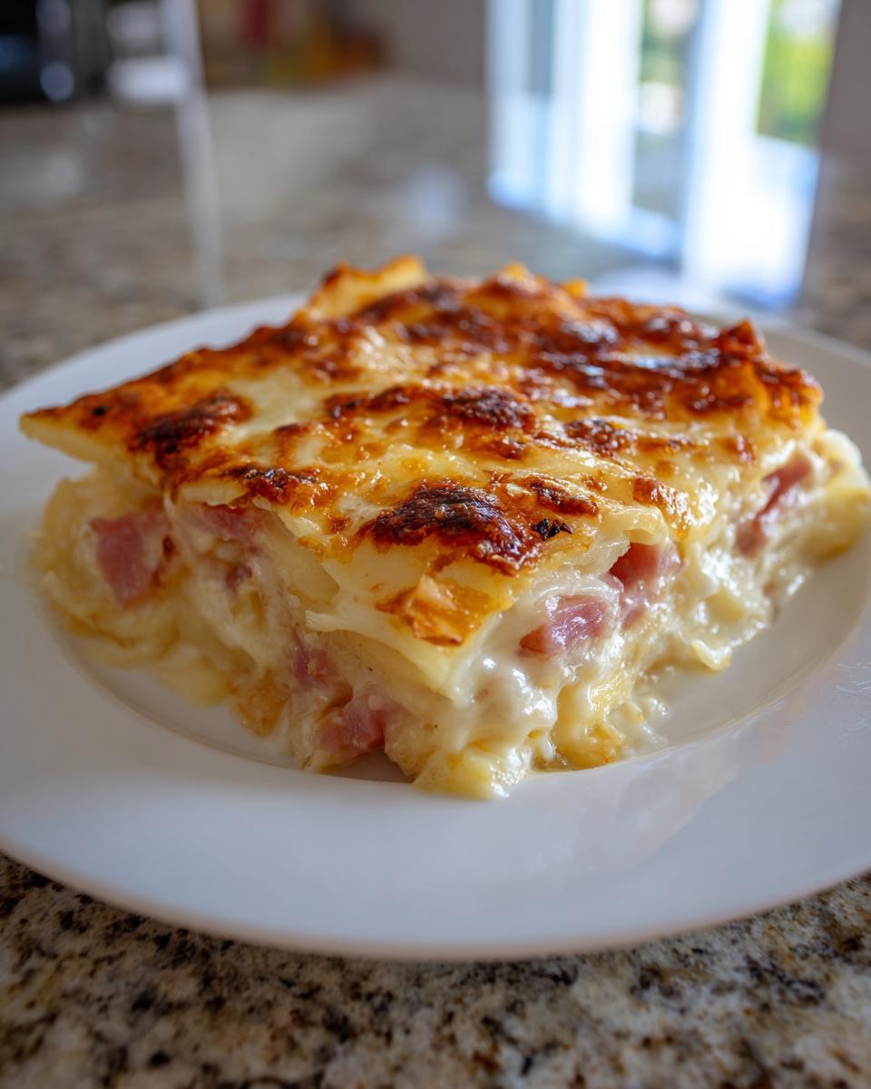 A square serving of creamy scalloped potatoes and ham with a richly browned, cheesy crust.