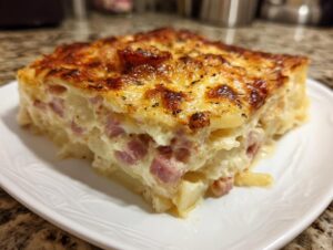 A thick, square slice of creamy scalloped potatoes and ham with a golden, bubbly, cheesy topping.
