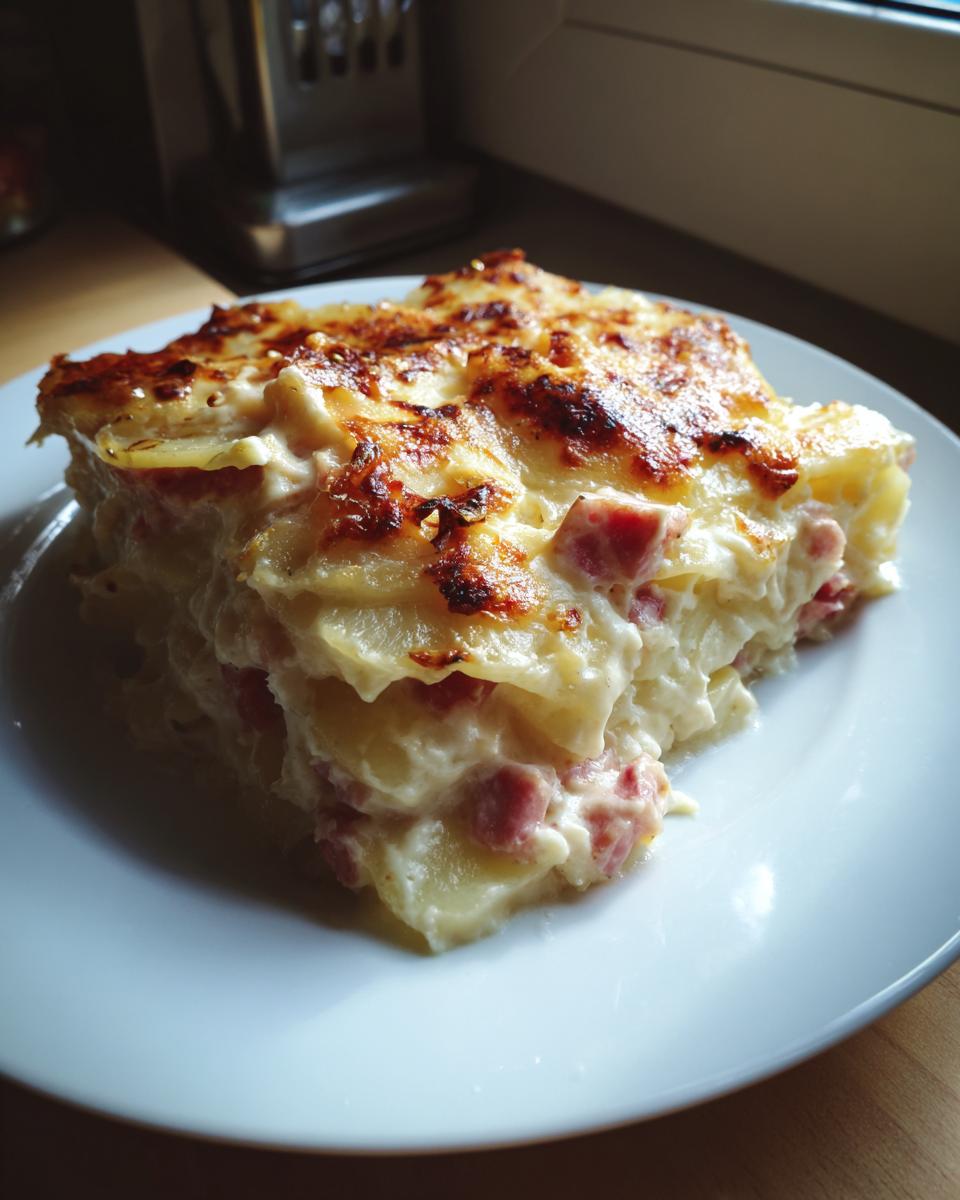 A thick slice of creamy scalloped potatoes and ham with a golden-brown, cheesy crust served on a white plate.