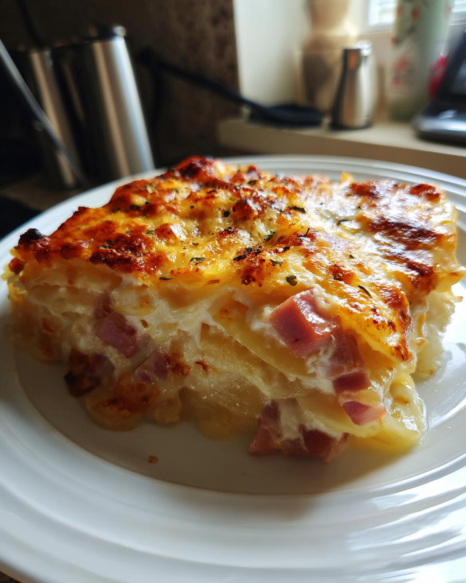 A thick, cheesy slice of scalloped potatoes and ham showing layers of potato, cream sauce, and diced ham.