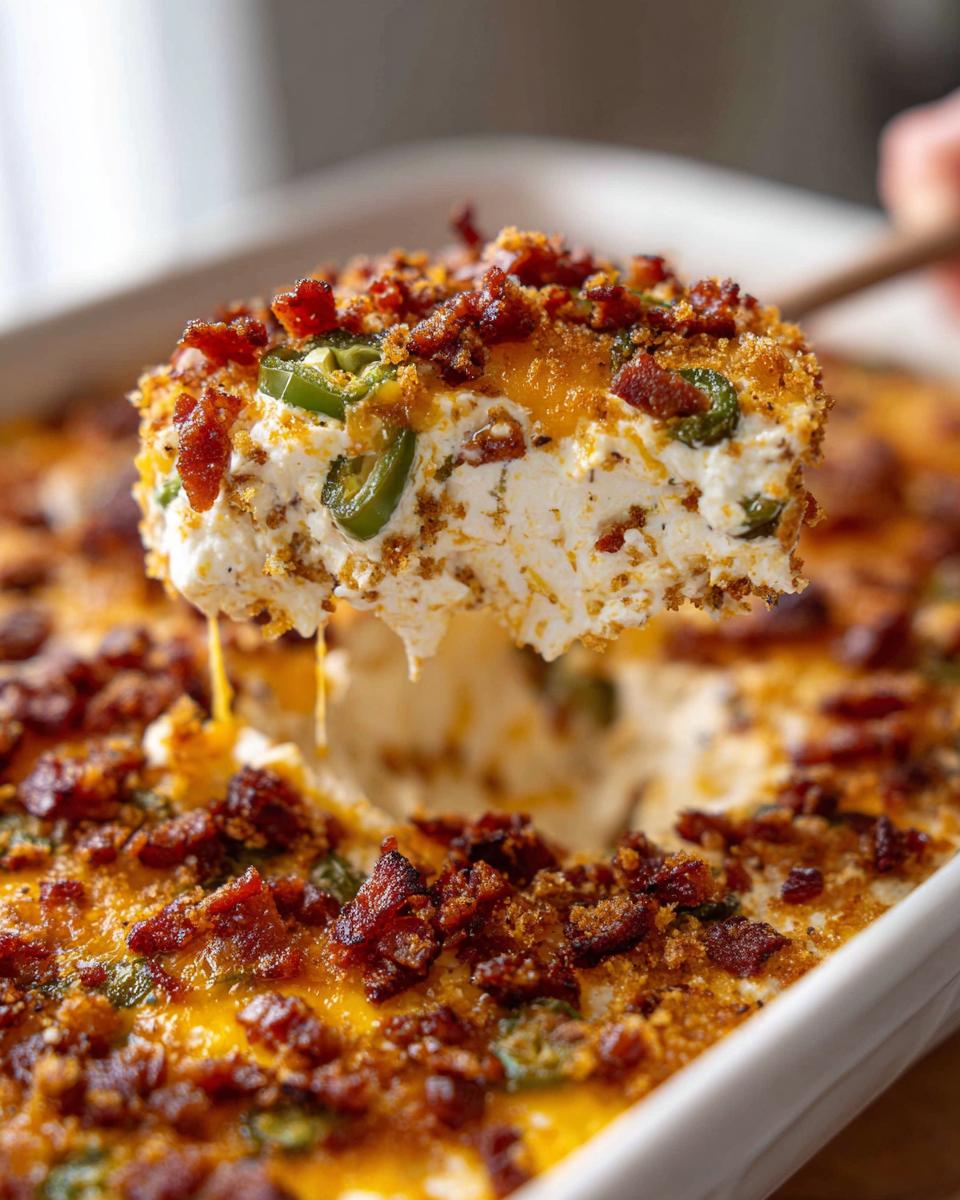 A spoonful of hot, creamy Jalapeño popper dip topped with bacon bits and jalapeño slices being lifted from a white baking dish.