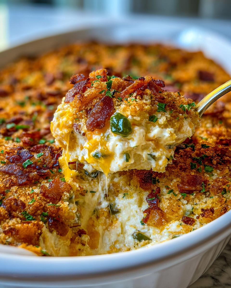A spoonful of creamy, cheesy Jalapeño popper dip topped with bacon and breadcrumbs being lifted from a white baking dish.