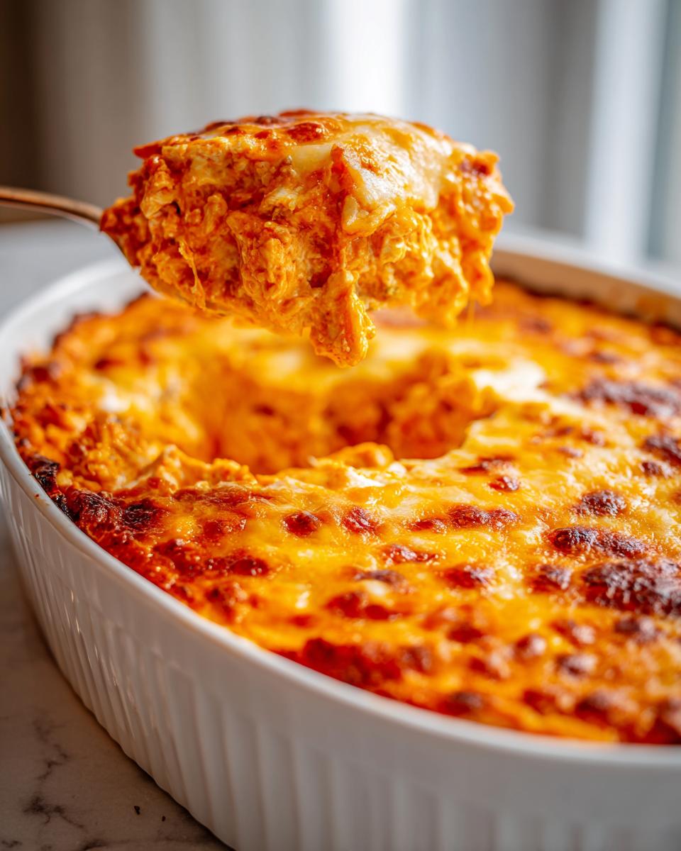 A spoonful of hot, cheesy Buffalo chicken dip being lifted from a white baking dish.