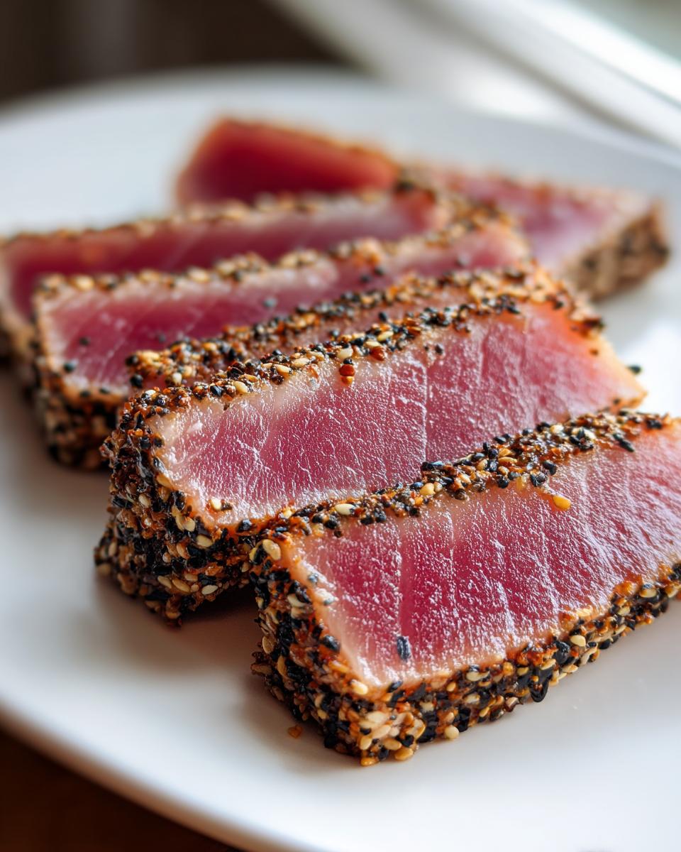 Close-up of perfectly seared ahi tuna slices, crusted with black and white sesame seeds, showing a rare pink center.