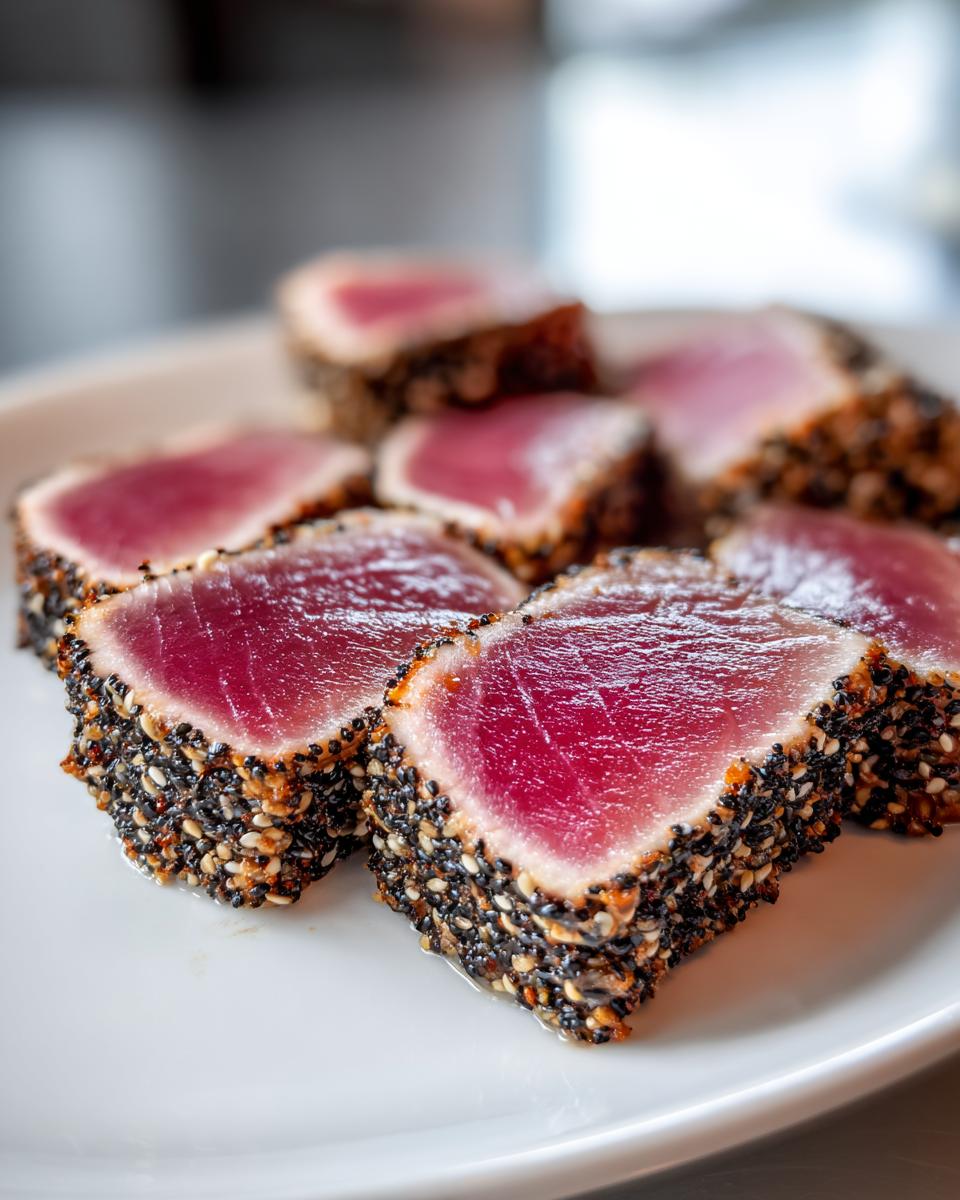 Close-up of perfectly seared ahi tuna steaks crusted with black and white sesame seeds, showing a bright red center.