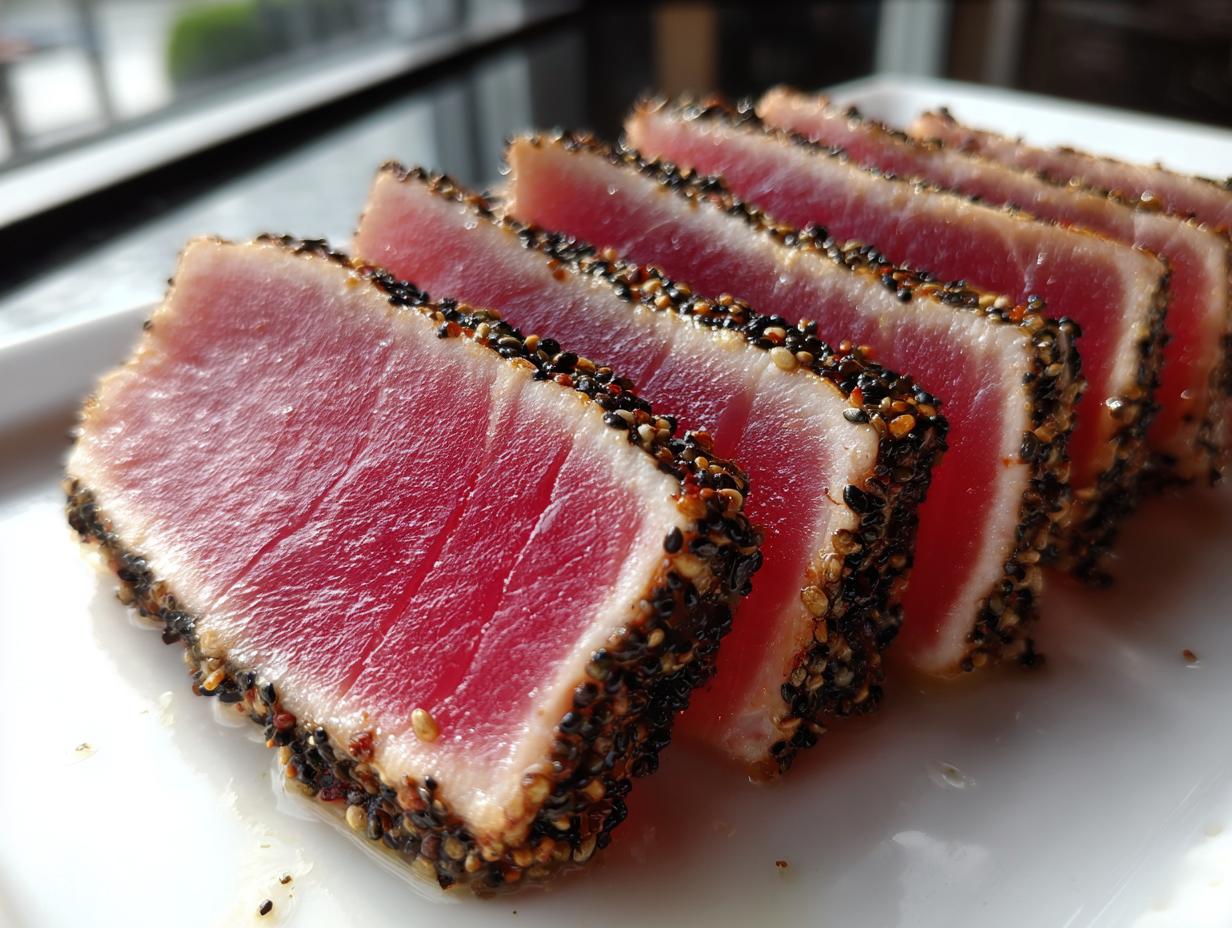 Close-up of five slices of perfectly seared ahi tuna, crusted with black and white sesame seeds, showing a rare, bright red center.