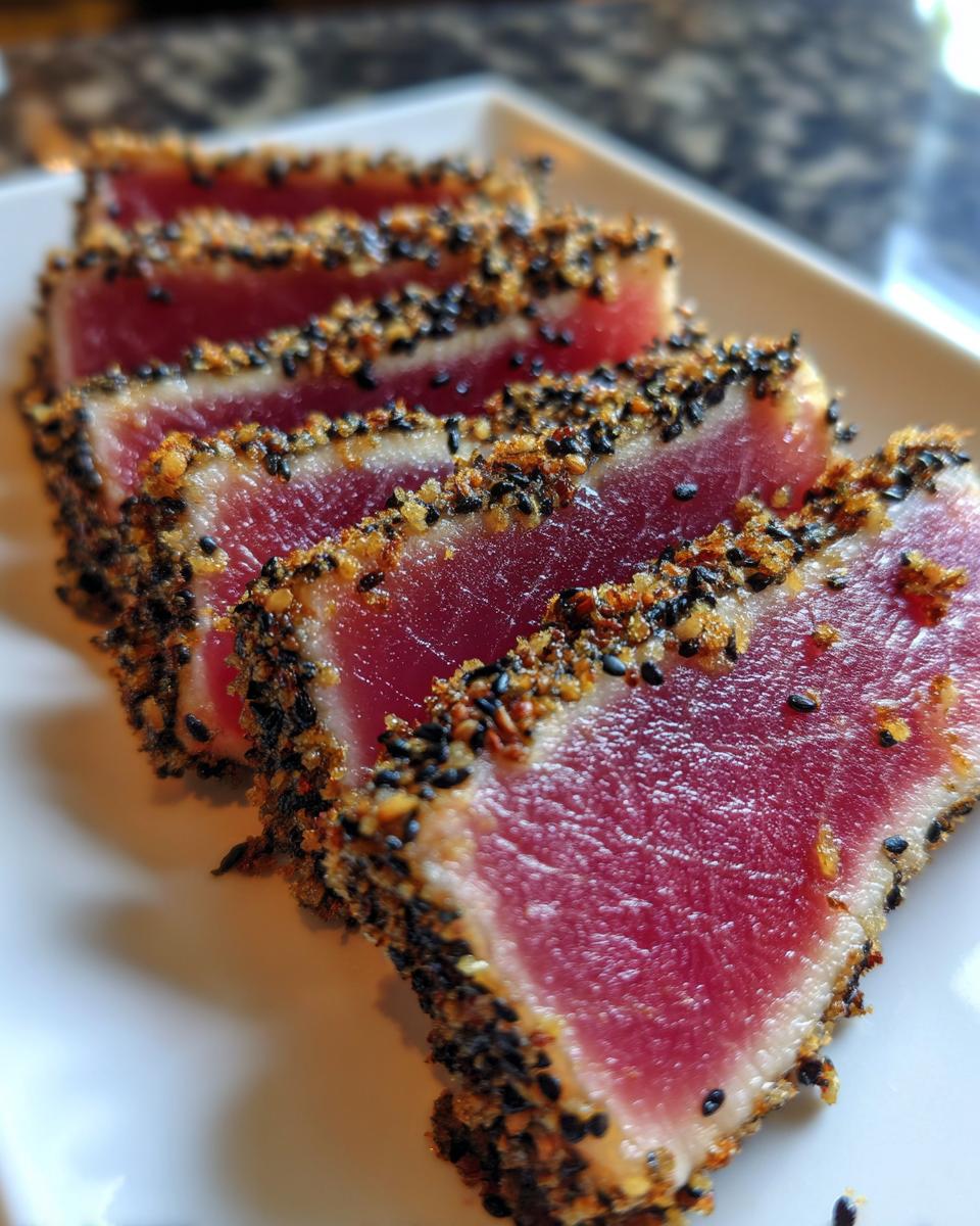 Close-up of four slices of perfectly seared ahi tuna, crusted with black and white sesame seeds, showing a rare center.